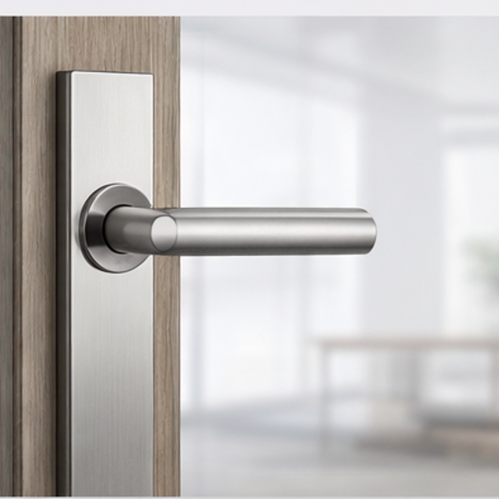Modern stainless steel door handle for interior doors with brushed finish