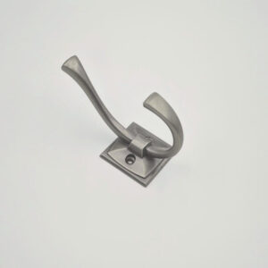 Modern double robe hook in brushed nickel finish for bathroom, wardrobe, and furniture